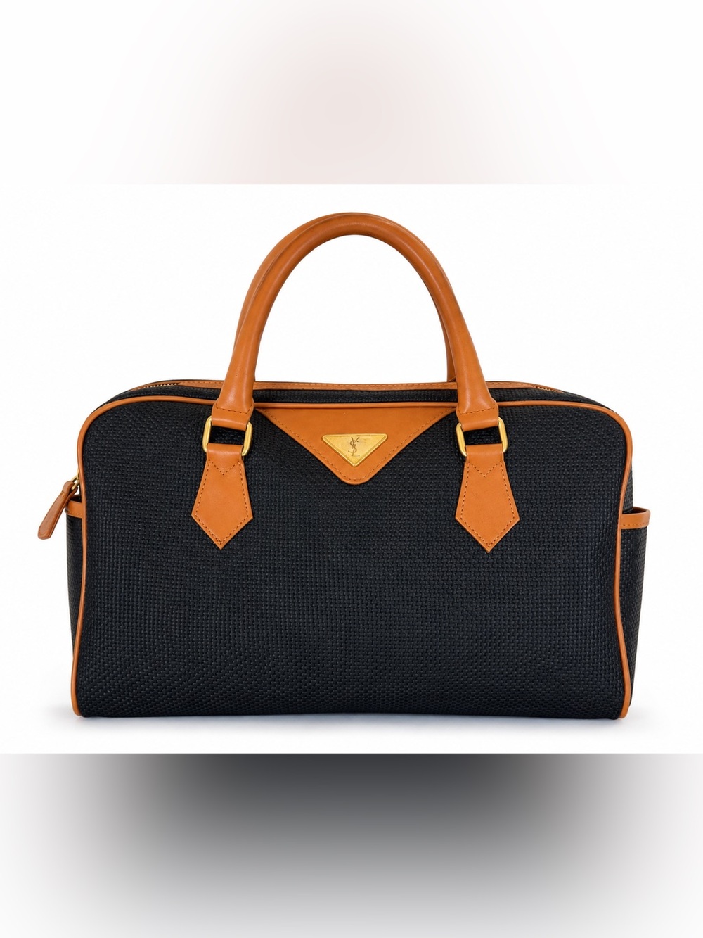 Vintage Yves Saint Laurent YSL Boston Travel Bag Black Woven Jacquard Leather